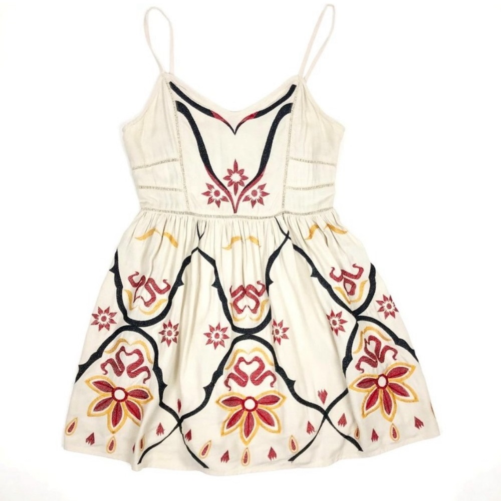 Free People Embroidered Print Spaghetti Strap A-Line Boho Mini Dress. Size 6